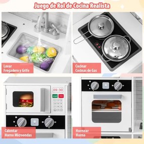 Cozinha de brincar para crianças em madeira com lava-loiça, torneira, dispensador de água, forno micro-ondas, máquina de lavar roupa, luzes e sons Bra