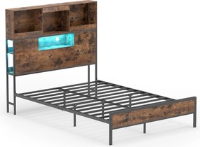 Estrutura de Cama de Casal, 221 x 142 x 141,5 cm (COLCHÃO NÃO INCLUIDO), Iluminação LED Ajustável, Castanho+Preto