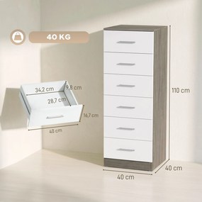 Cómoda de 6 Gavetas Alta para Quarto com Sistema Antitombo 40x40x110 cm Cinza-claro e Branco
