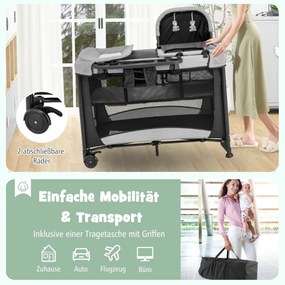 Cama de bebê 5 em 1 dobrável, berço de viagem, cercadinho, trocador, berço, colchão removível, brinquedos, entrada lateral, cinza
