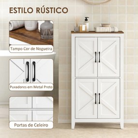 Armário Estreito para Casa de Banho com Portas Estilo Celeiro, 4 Prateleiras Ajustáveis, 60x30x110 cm, Branco