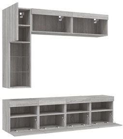 7 pcs conj. móveis de parede p/ TV c/ luzes LED cinzento sonoma