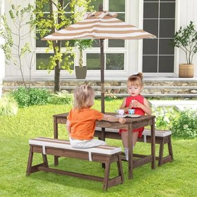 Mesa de piquenique infantil com guarda-sol Conjunto de mesa e banco de madeira com almofadas para exterior, jardim e pátio Castanho