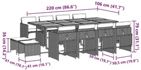 13 pcs conjunto jantar p/ jardim c/ almofadões vime PE cinzento