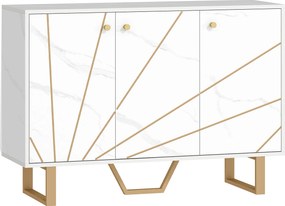 HOMCOM Móvel de arrumação buffet para sala com 2 armários 3 portas e prateleira ajustável, pés em metal, aspeto mármore branco | Aosom Portugal