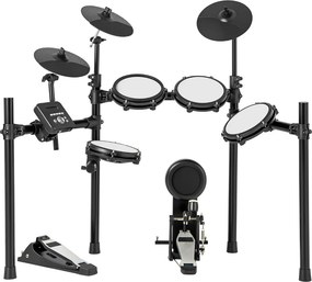 Conjunto de bateria elétrica Kit de bateria dobrável com almofadas de malha de 21 cm Pratos de 245 cm 225 sons e 30 demos Preto