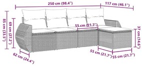 5 pcs conj. sofás jardim c/ almofadões vime PE cinzento-claro