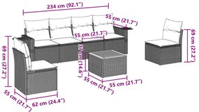 7 pcs conjunto de sofás p/ jardim c/ almofadões vime PE preto