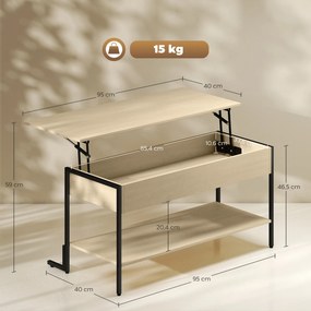 Mesa de centro com tampo elevável, mesa de sala com compartimento oculto e prateleira aberta, 95 x 40 x 59 cm, madeira natural