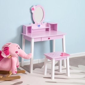 Toucador Infantil com Banco e Espelho tipo Princesa Mesa-de-Maquilhagem-de-Madeira -Cor-de-Rosa- 59 x 39 x 92 cm