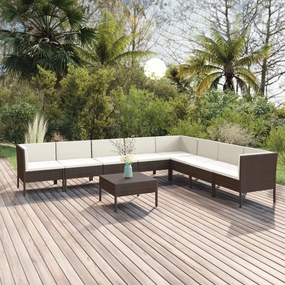 vidaXL 9 pcs conjunto lounge jardim c/ almofadões vime PE castanho
