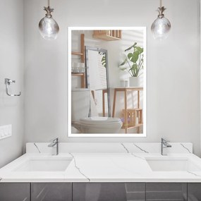 Espelho Casa de Banho com Luz LED Espelho de Parede com Iluminação 70x50cm Interruptor Tátil 3 Luzes Ajustáveis Função Anti-Embaciamento e Estrutura d