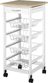 Carrinho de cozinha  37 x 37 x 82 cm com rodas e vários compartimentos: 4 cestos de metal + gaveta de pinho,, branco