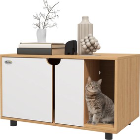 Móvel para areia de casa de banho para gatos com pés, 2 em 1 (CAIXA AREIA NÃO INCLUIDA), portas em estilo escandinavo, 80 x 48 x 48 cm, natural e bran