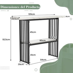 Mesa de 2 níveis com prateleira aberta, estrutura em aço dourado para sala de estar ou corredor, 120 x 29,5 x 92,5 cm, preto e branco