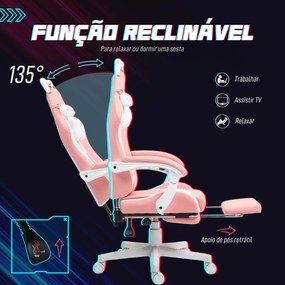 Cadeira Gaming com Orelhas Cadeira Gamer Reclinável com Altura Ajustável e Suporte Lombar 65x62x116-124 cm Rosa e Branco
