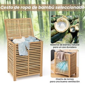 Cesto de roupa suja de bambu 80 L Organizador de roupa suja de bambu Organizador de ripas para lavandaria Quarto e casa de banho 50 x 35 x 62 cm Natur