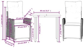 3 pcs conjunto de jantar p/ jardim c/ almofadões cinzento claro