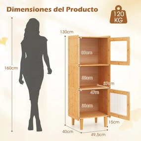 Estante de cozinha em bambu 49,5 x 40 x 130 cm com 3 cubos e compartimento aberto 2 portas em acrílico natural