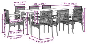 9 pcs conjunto de jantar p/ jardim com almofadões vime PE bege