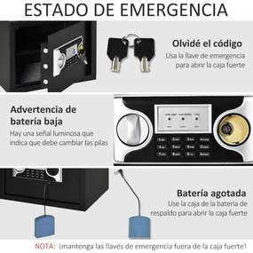 HOMCOM Cofre eletrônico sólido Caixa de segurança com chave 2 Códigos