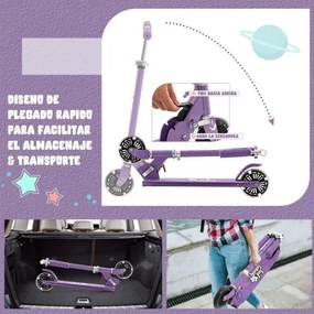 Trotinete dobrável para crianças com 2 rodas intermitentes Guiador ajustável Sistema de travão traseiro Roxo