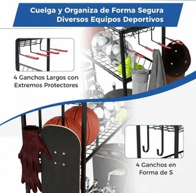 Organizador equipamento desportivo com rodas 132 x 40,5 x 194 cm, estrutura metálica, 4 ganchos e suporte adicional para 3 sacos de golfe e acessórios