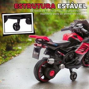 Mota Elétrica para Crianças 6V com Rodas de Apoio Música e Farol para Crianças de 18-36 Meses 77x38x50 cm Vermelho
