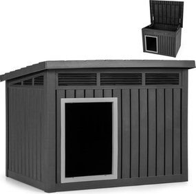 Casota exterior para cães em plástico com porta 81 x 64 x 61 cm, telhado inclinado rebatível e grelhas de ventilação preto