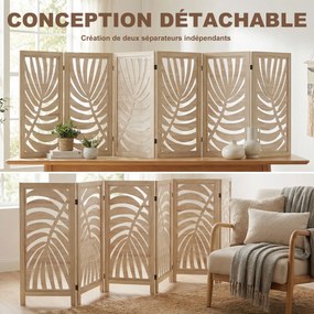 Biombo de interior em madeira com 6 painéis, 240 x 170 cm, dobrável e portátil, com padrão de folhas, design amovível, madeira natural