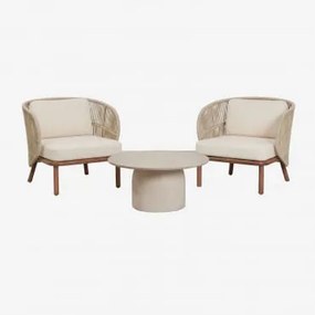 Conjunto De Jardim Com 2 Poltronas Em Corda Trançada Capri E Mesa De Centro Redonda Ø75 Cm Em Cimento Layana Beige Creme - Sklum