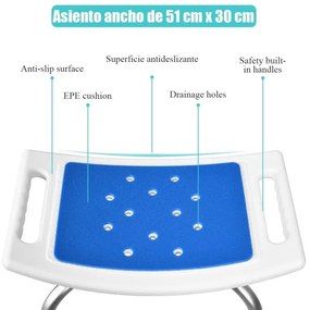 Banco de banho com altura ajustável Assento de banho em alumínio Capacidade até 150 kg Cadeira para grávidas e idosos 51 x 31,5 x 39-51 cm Azul e Prat