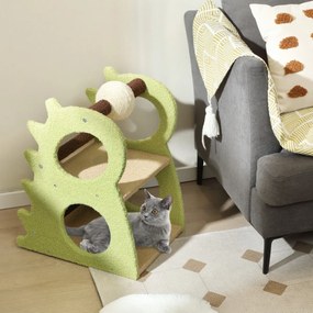 Arranhador moderno para gatos de interior com 2 níveis, bola giratória para arranhar, tecido felpudo e suporte para trepar verde e bege