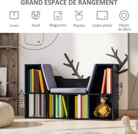 Banco-biblioteca 2 em 1 com almofadas de assento, prateleira em forma de cubo com 6 compartimentos abertos e 2 níveis, móvel de arrumação para sala de