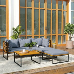 Conjunto de Jardim de 4 Peças em Forma de L com 2 Sofás de 2 Lugares Sofá de Canto e Mesa de Centro Cinza e Madeira