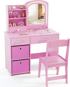 Toucador infantil com espelho iluminado e cadeira de princesa com luzes Estantes e gavetas crianças rosa
