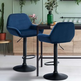 Conjunto de 2 bancos altos em veludo com estrutura preta 89-109 x 51 x 52 cm azul