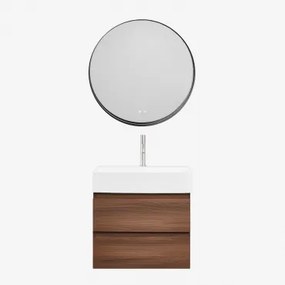 Conjunto De Móvel De Casa De Banho Em Madeira E Chapa De Freixo Com Lavatório Integrado Ona Madeira Escura & Redondo Led - Sklum