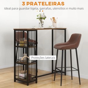 Mesa Alta de Cozinha com 3 Prateleiras Mesa de Bar Retangular para 2 Pessoas Pés de Aço 120x40x105 cm Castanho e Preto