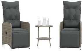 Cadeiras jardim reclináveis 2 pcs com mesa vime PE cinzento