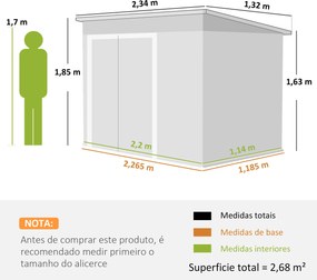 Abrigo de Jardim Exterior 2,7 m² 234x132x185 cm com Três Portas Fechadura e Grelhas de Ventilação Cinzento