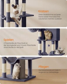 Arranhador para gatos com 190,7 cm de altura, 2 cavernas e 2 cavidades para descansar cinza escuro