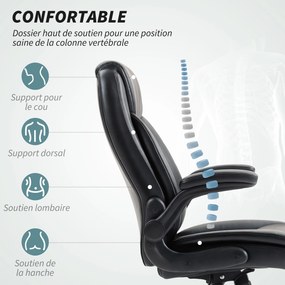 Cadeira de escritório com braços rebatíveis, cadeira de escritório ergonómica, altura ajustável, função de balanço, preta