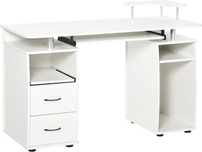 Mesa de Computador com Prateleiras 2 Gavetas Bandeja de Teclado e Suporte para Monitor e CPU 120x55x85 cm Branco