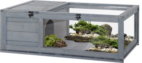 Terrario para Reptéis Casa para Tartarugas de Madeira com Painéis Laterais Transparentes e Trava 91x60,5x32 cm Cinza