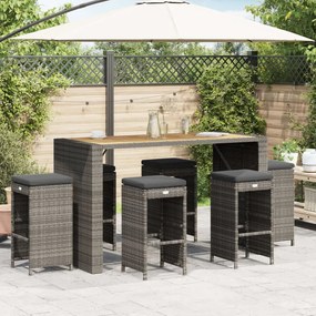 Bancos de bar p/ jardim com almofadões 6 pcs vime PE cinzento