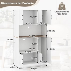 Armário de armazenamento Cozinha 100 x 40 x 180 cm com tomada elétrica 4 armários Compartimento aberto Branco