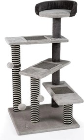 Arranhador para gatos 49 x 49 x 93 cm com 5 níveis de sisal e juta, tapetes, prateleira acolchoada, 3 plataformas, bolas suspensas e com mola, cinza