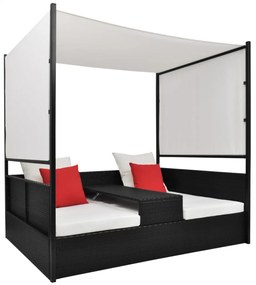 vidaXL Espreguiçadeira de jardim com toldo 190x130 cm vime PE preto