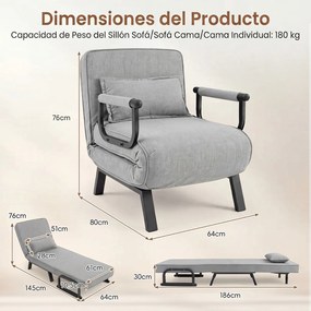 Sofá-Cama Individual, 186 x 64 cm, Conversível em 3 Modos, Cinzento-claro